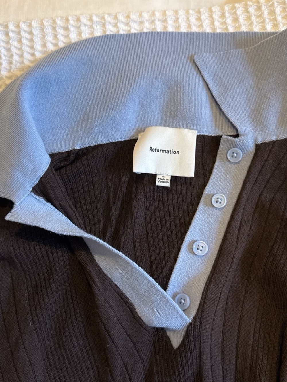 Reformation Hermia Regenerative Merino Polo in Black with Light Blue Collar - Picture 4 of 5